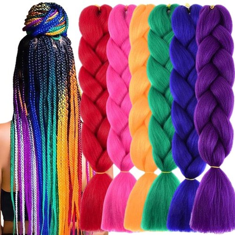 TENGSHUO FLY Rainbow Red/Rose red/Orange/Green/Blue/Purple Braiding Hair Extensions 6 Packs/24 Inch Synthetic Jumbo Ombre Box Braiding Hair for Women(24" 3Pack,Red/Rose red/Orange/Green/Blue/Purple)