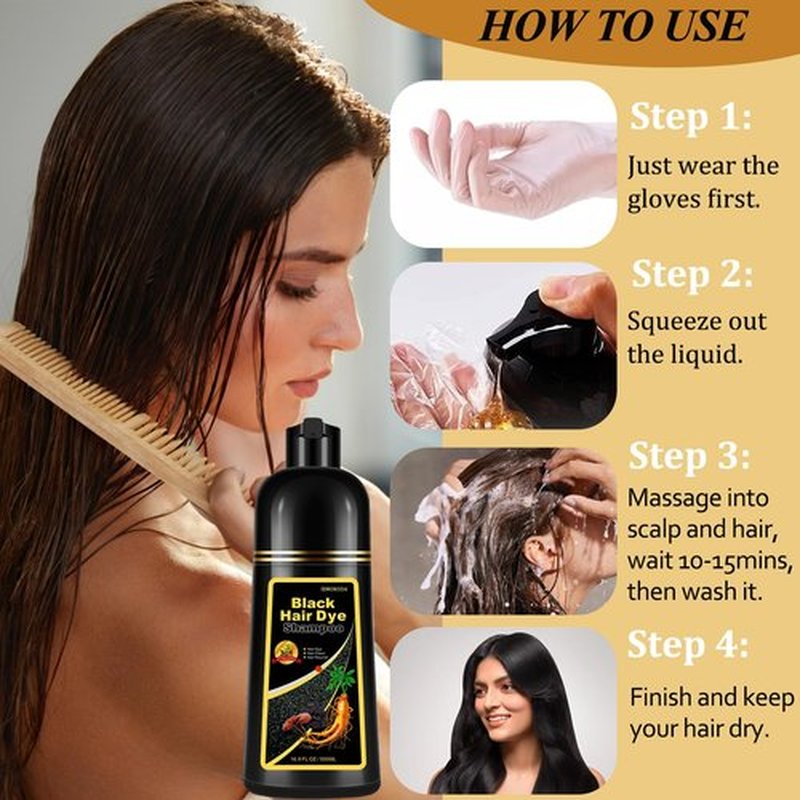 Instant Black Hair Dye Shampoo, Natural 3-in-1 for Gray Coverage in 10-15 mins, Long-Lasting Color Effect for Women and Men, 16.9 Fl Oz (Black)