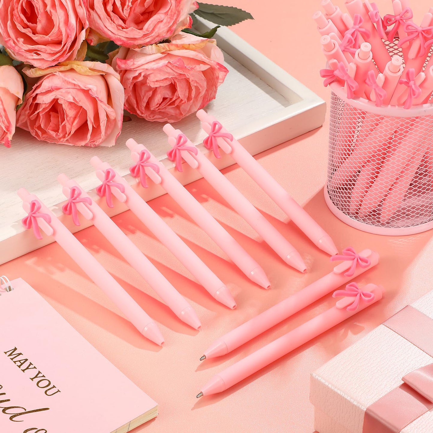 Sayglossy 20 Pcs Pink Bow Pens Back to School Coquette Cute Black Ink Retractable Gel Ballpoint Pens Bulk Bridal Shower Party Favors for Wedding Birthday Baby Shower Tea Party Office School Supplies