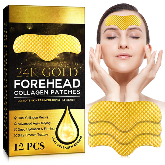 24K Gold Forehead Patches, 20 Minute Wrinkle Smoothing Patches with Dual Collagen & Hyaluronic Acid, Anti Aging Face Patches for Visible Results, Luxury Skin Care Treatment for Fine Lines (12 Pcs)