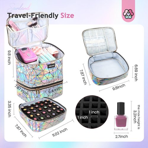 SAVILAND Nail Polish Organizer Bag: PU Leather Nail Kit Organizer Holds 30 Bottles & Nail Lamp, Holographic Nail Supply Organizer Nail Polish Holder Case Nail Organizers and Storage Box for Nail Tech