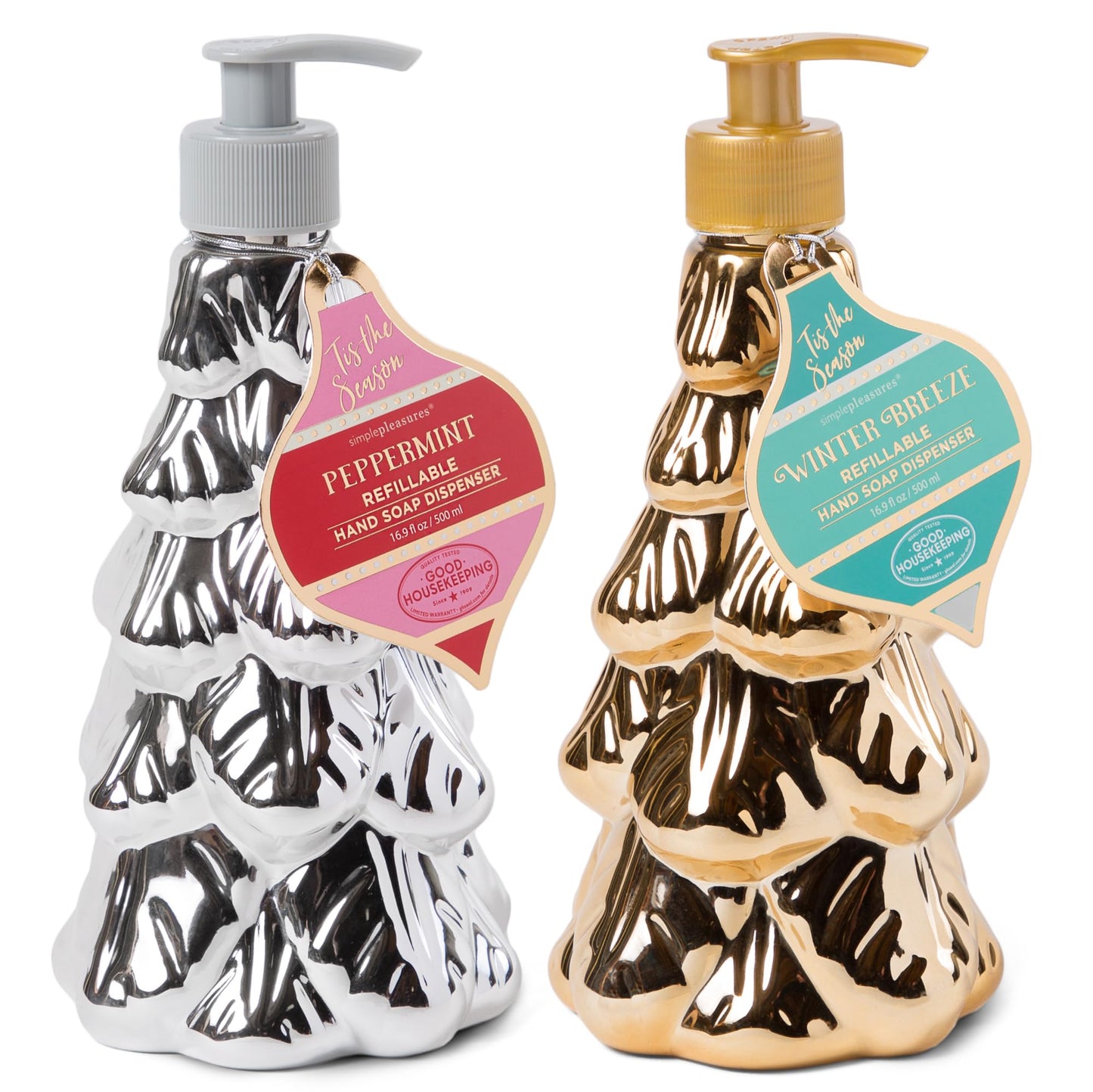 Simple Pleasures Holiday Soap Dispensers – Set of 4 with Scented Liquid Soap - Decorative Refillable Hand Christmas Soap Dispensers for Kitchen and Bathroom 250ML - Traditional Design
