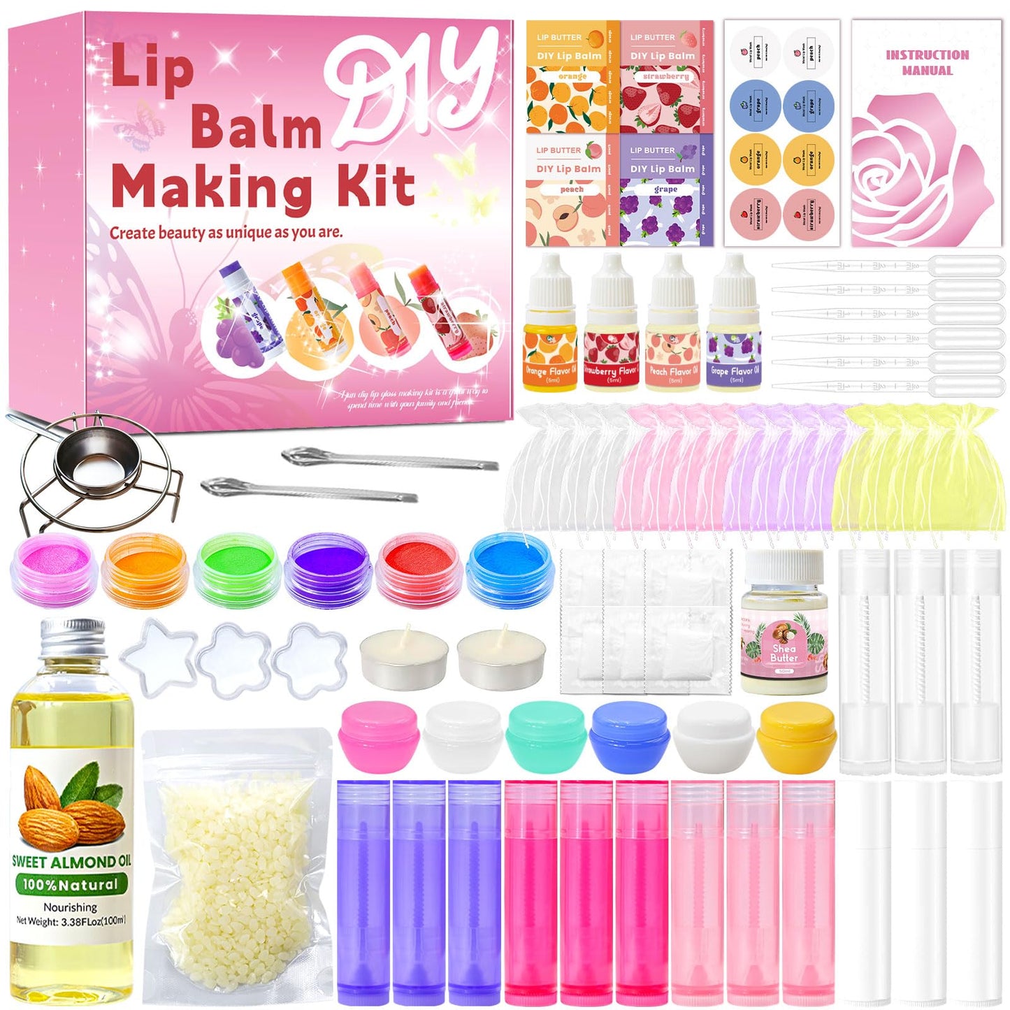 WhizToys DIY Lip Balm Making Kit for Adults to Make Your Own Moisturizing Lip Balms with Natural Beeswax, Lip Base Oil, Essential Oil, Empty Lip Balm Tubes，Birthday Christmas Gift
