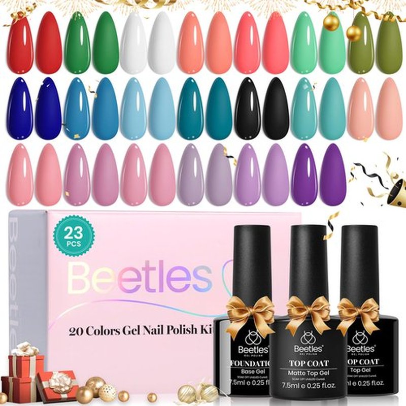Beetles Gel Nail Polish Set, 20 Colors White Black Nude Gel Nail Polish with Gel Base Coat Matte&Glossy Gel Top Coat Trendy Colors Uv LED Lamp New Year Gel Nail Polish Gift for Women