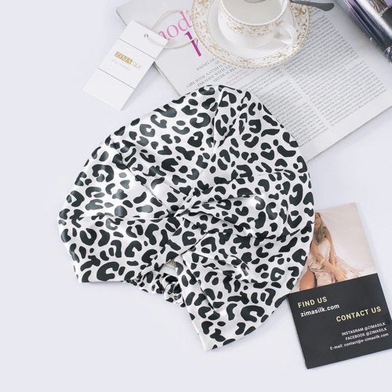 ZIMASILK 22 Momme 100% Mulberry Silk Bonnet for Sleeping & Women Hair Care, Highest Grade 6A Silk hair wrap for sleeping with Premium Elastic Stay On Head (1Pc, Leopard Black/White)