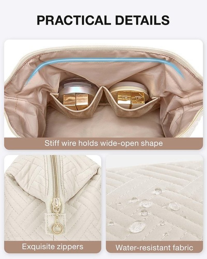 BAGSMART Travel Makeup Bag, Cosmetic Bag Small Make Up Organizer Case,Wide-open Pouch for Women Purse for Toiletries Accessories Brushes,Large Beige