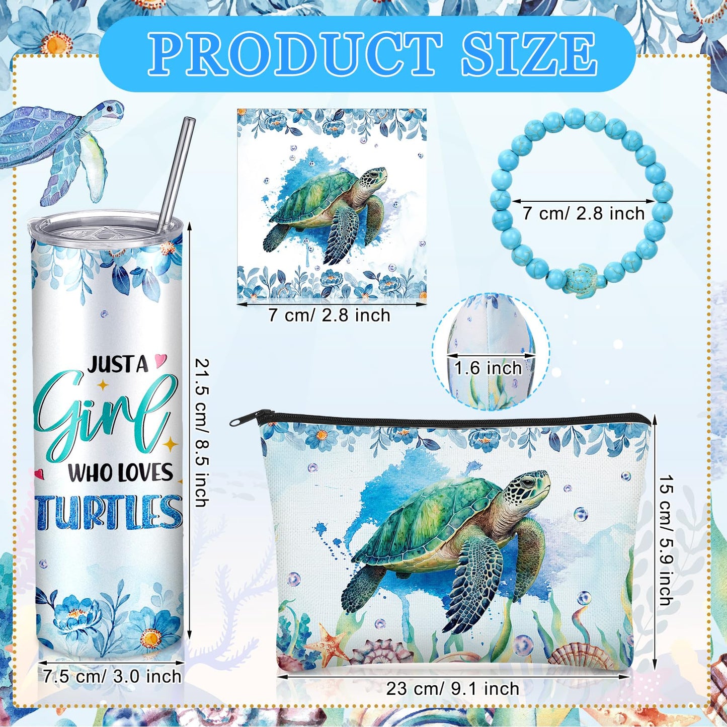 Skylety 3 Pcs Sea turtle Gift for Women Summer Sea turtle Theme Stuff 20 oz Stainless Steel Insulated Tumbler with Straw Brush Bracelet Makeup Bag Inspirational Gift for Teacher Mom Lover Birthday