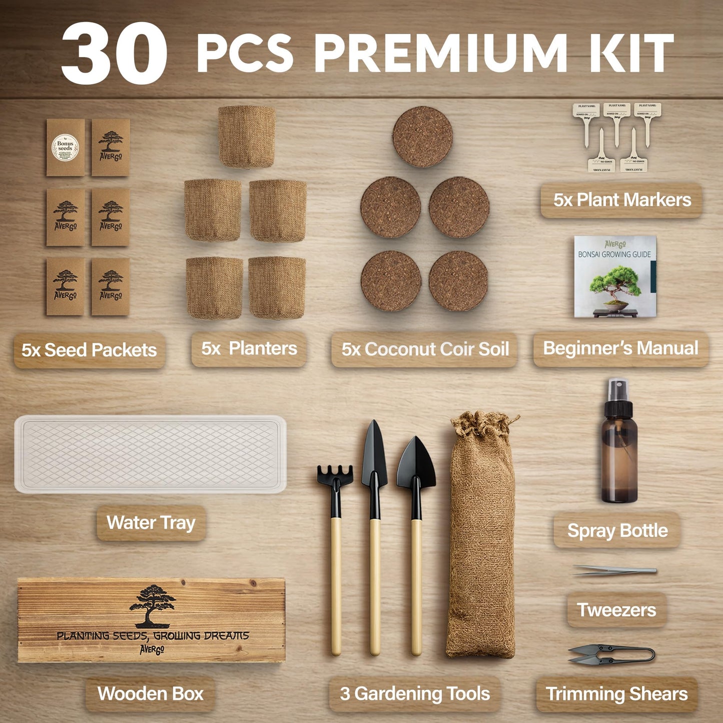 AVERGO Bonsai Tree Kit Deluxe - 5X Unique Japanese Bonzai Trees | Complete Indoor Bonsai Starter Kits for Growing Trees – DIY Gardening Gifts for Mother, Women & Men