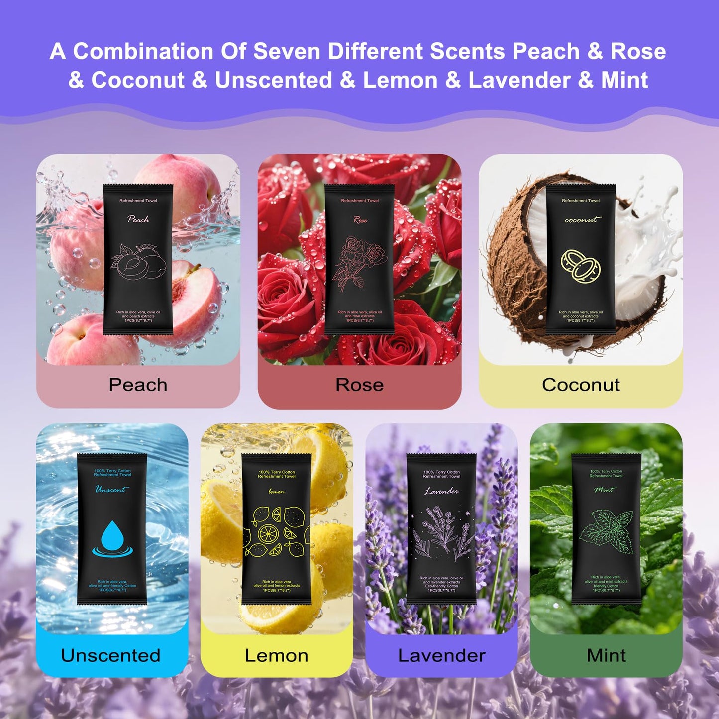 Moist Cotton Towel Bulk Moist Towelettes Individually Wrapped 8.7" x 8.7",White Towel Services,Refreshment Pre Moistened Towels Lavender Lemon Mint Unscented Peach Rose Coconut for Sport Spa (28)