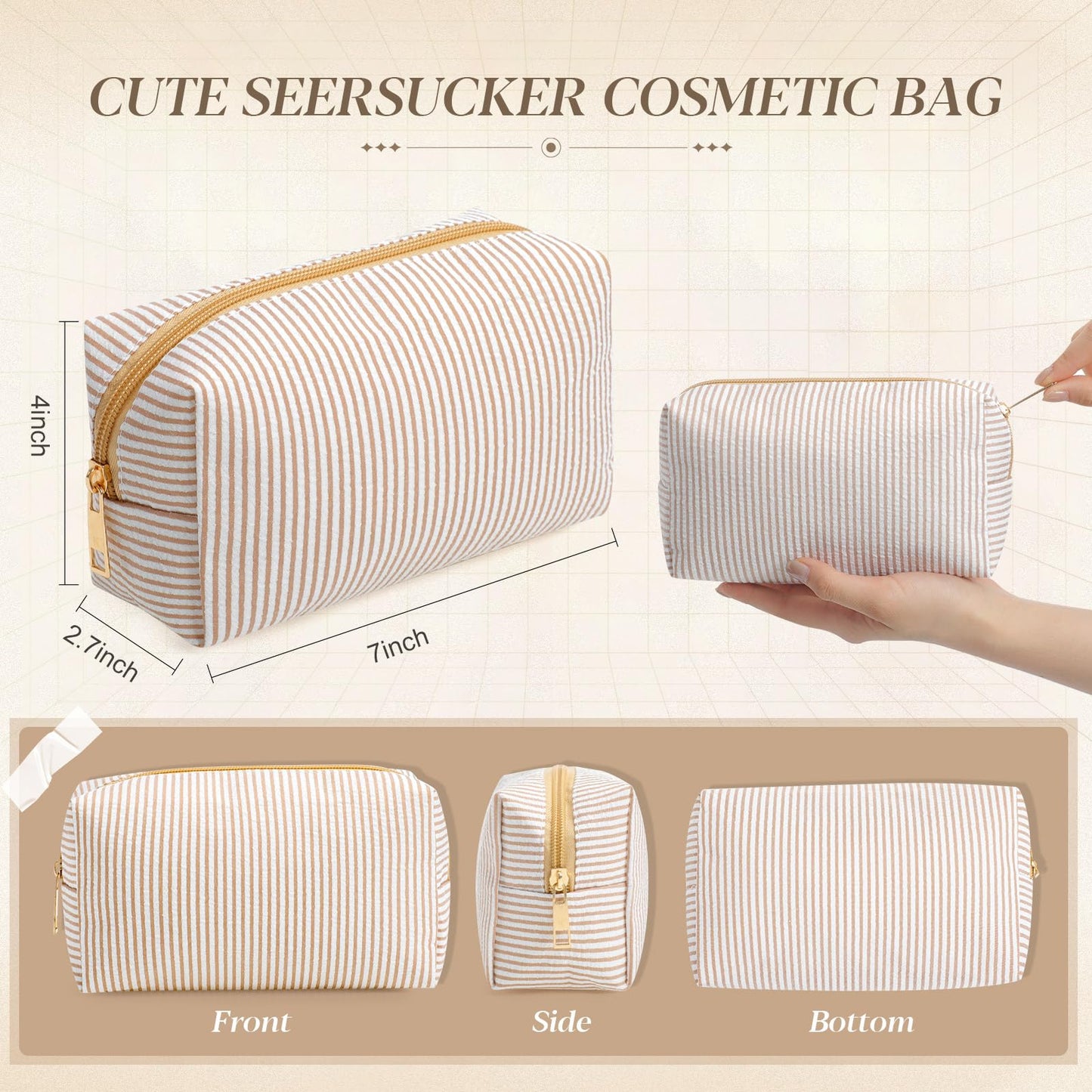 Sanwuta 6 Pcs Seersucker Cosmetic Bags Bulk Seersucker Makeup Bags Stripe Women Pouch Large Preppy Storage Pouch Toiletry Travel for Wedding Bridesmaid Bride Favor Back to Teacher Gift (Khaki)