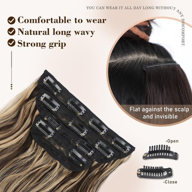 QGZ Clip in Hair Extensions for Women 4 PCS Set of Thick, Synthetic Long Wavy Hairpieces 20 Inch Dark Brown Mixed Blonde