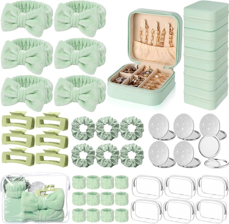 Suncalla 48 Pcs Spa Party Favors | Bridesmaid Proposal Gifts & Sleepover Supplies - Green Headbands, Scrunchies, Jewelry Case, Makeup Bag & Mirror