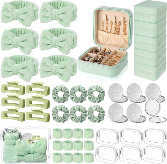 Suncalla 48 Pcs Spa Party Favors | Bridesmaid Proposal Gifts & Sleepover Supplies - Green Headbands, Scrunchies, Jewelry Case, Makeup Bag & Mirror
