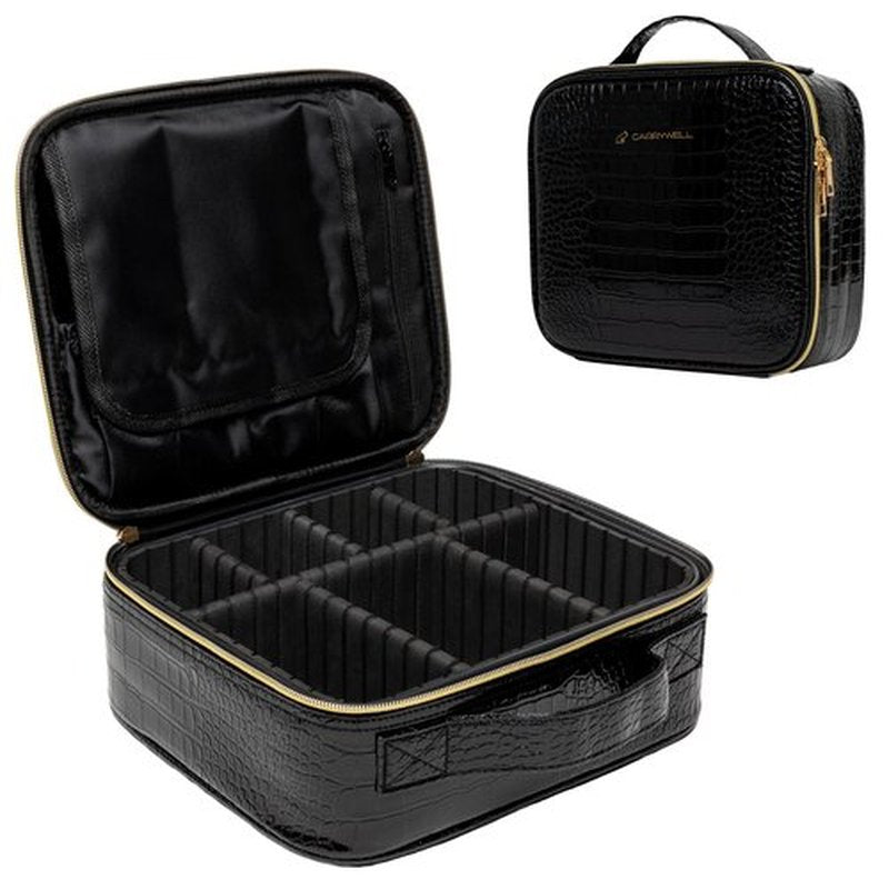 (Not Made In China) Travel Makeup Train Case, Make Up Box, Cosmetic Storage Organizer For Professional Beauty Artist W/Adjustable Dividers For Jewelry, Nail Polish and Brushes (1, Crocodile, Small)