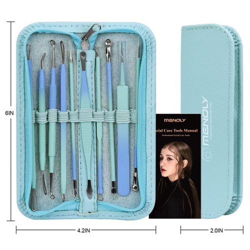 Pimple Extractor Pimple Popper Tool Kit, MENOLY 10Pcs Blackhead Remover Tools, Acne Tools, Acne Kit for Blackhead,Blemish,Zit Removing, Whitehead Popping and Comedone Extractor Tool with Leather Bag