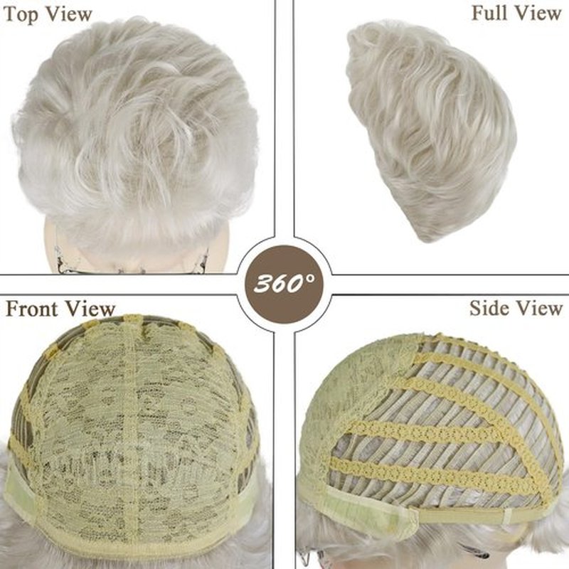 GNIMEGIL Platinum Blonde Short Old Lady Wig Set Synthetic Hair Grandma Wig for 100 Days of School Halloween Costume Granny Mommy Outfits White Women Curly Wig with Glasses, Necklace for Older Women