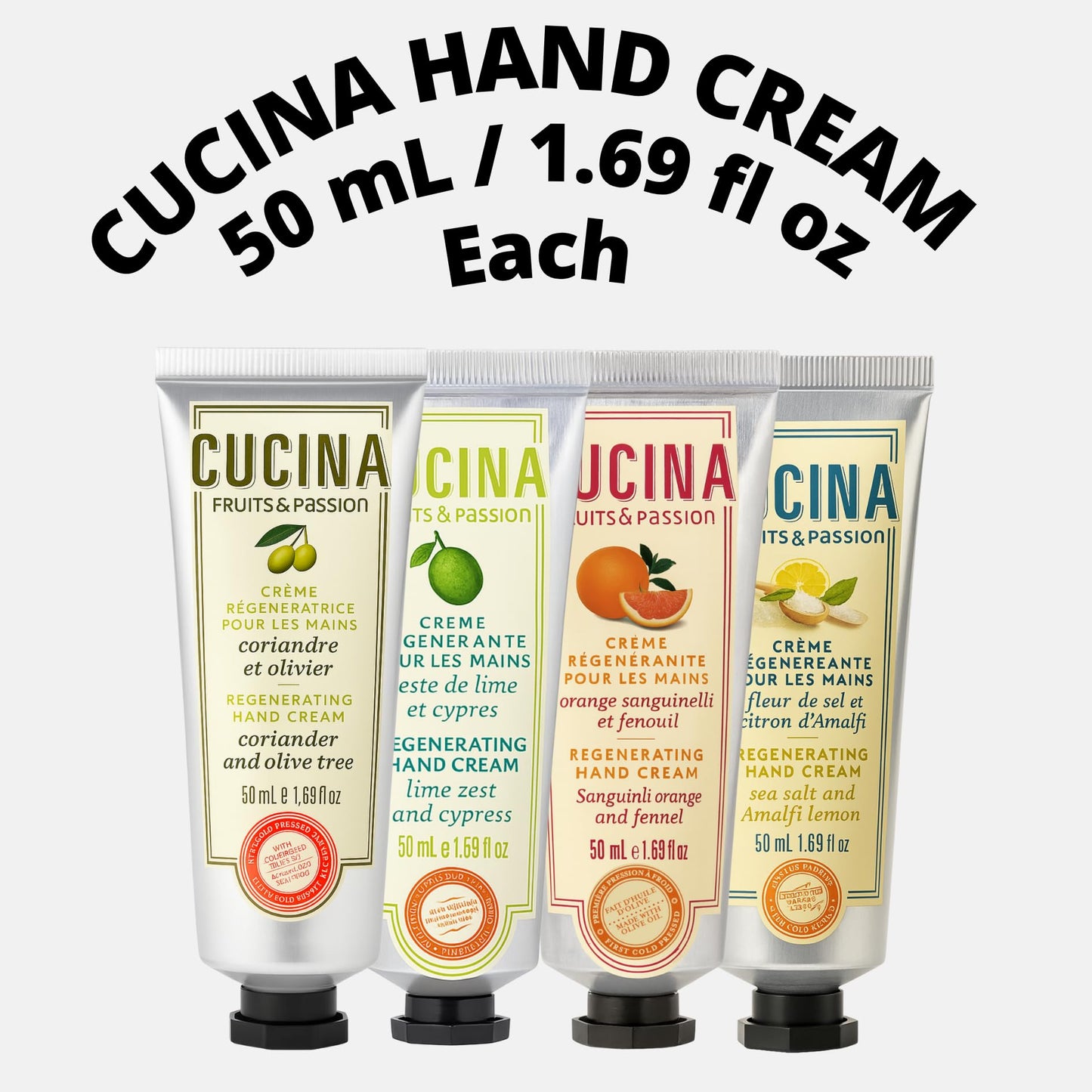 Cucina Fruits & Passion Regenerating Hand Cream Travel Gift Set, 4-Pack – Coriander & Olive Tree, Lime Zest & Cypress, Sanguinelli Orange & Fennel, Sea Salt & Amalfi Lemon (50 mL Each)