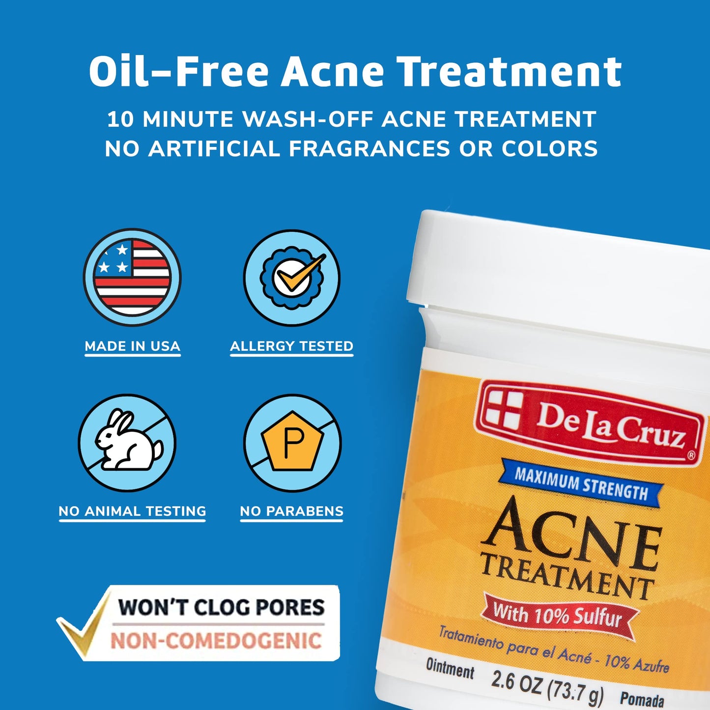 De La Cruz 10% Sulfur Ointment Cystic Acne Spot Treatment for Face & Body Skin Care Face Mask & Blackhead Remover, Treatment for Hormonal Acne 2.6 oz, 2 Pack