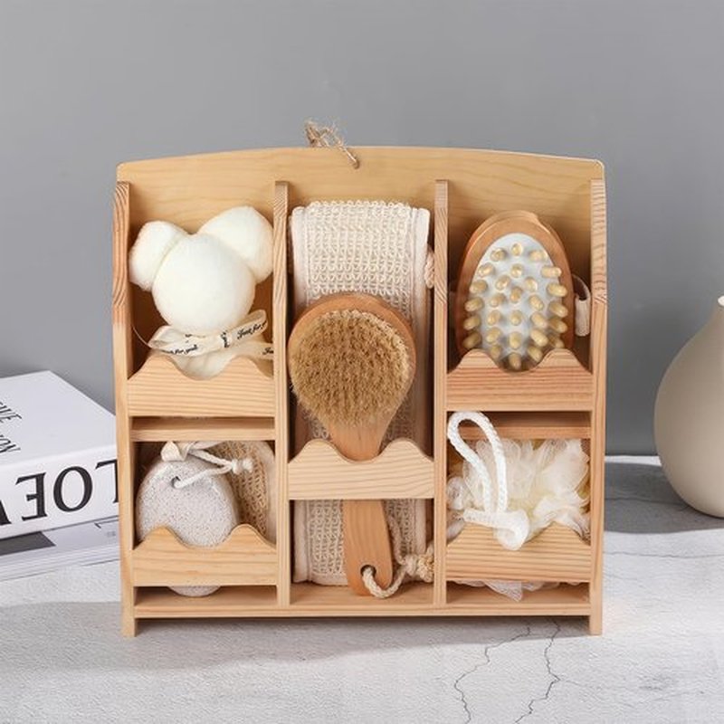 7Pcs Bath Exfoliating Brush Set in Round Wooden Box Hair Brush, Wood Roller Massager Scrubber Stone Shower Brush Nylon Glove with Storage Basin, Shower Spa Basket Gift Set for Women Men (Wood)