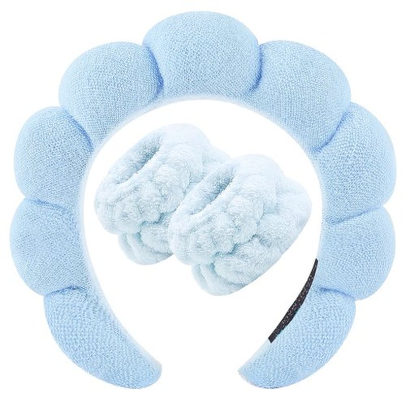 Zkptops Spa Headband for Washing Face Wristband Set Sponge Makeup Skin Care Terry Cloth Bubble Soft Get Ready Light Blue Hairband Women Girls Puffy Padded Headwear Non Slip Thick Hair Accessory