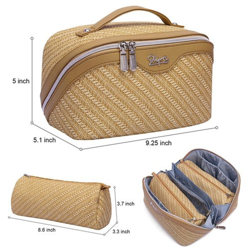 Travel Makeup Bags Cosmetic Organizer Bag: Large Capacity Make up Bag Set of 3 - Vegan Leather Toiletry Bag for Women - Portable Makeup Organizer with Compartments & Handle & Divider (3 Brown)