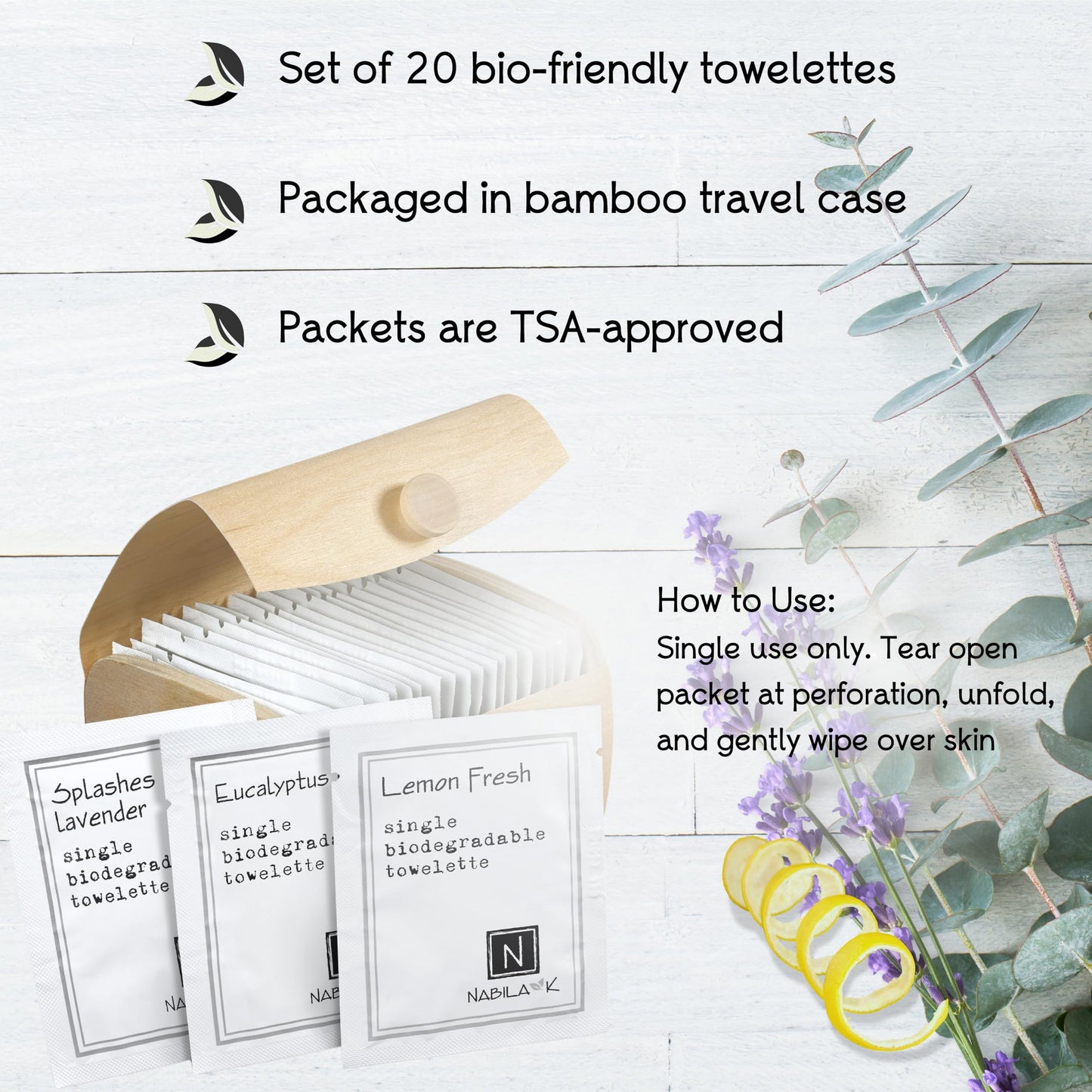 Nabila K Lavender, Eucalyptus & Lemon Moist Towelettes Variety Pack - 20 Individually Wrapped Single-Use Wipes with Bamboo Gift Case - Alcohol-Free, Plant-Based - Travel, Guest Bathroom, Spa, Events