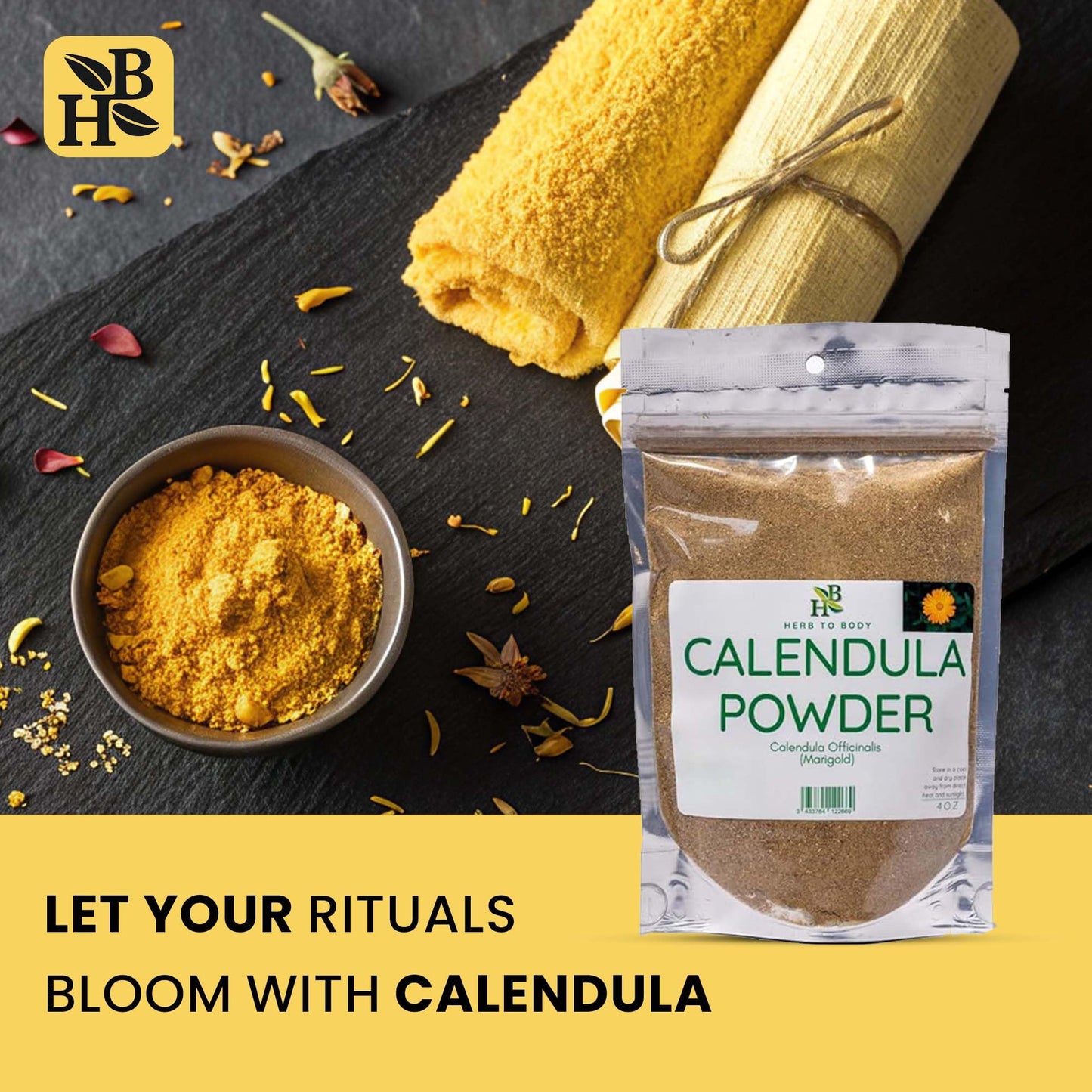 Herb To Body Calendula Powder – 4 oz, Wildcrafted Dried Marigold Flowers Powder for Calendula Tea, Body Care, and Edible Flowers Uses