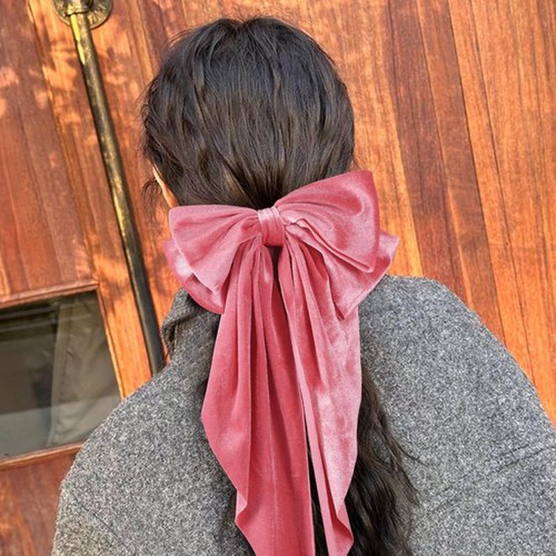 Pink Velvet Large Hair Bow Long Tail Bowknot Hair Barrette Clip 8.26 Inch Women Girls Fall Winter Ponytail Holder Hair Accessories
