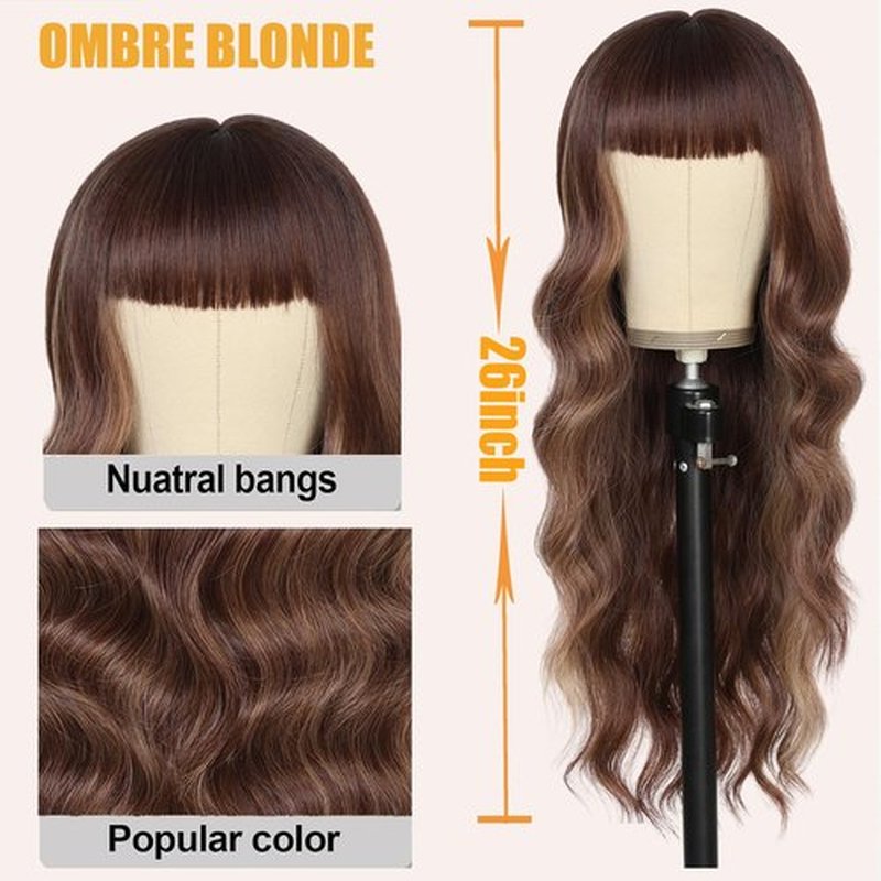 punhurt Brown Wig with Bangs for Women Long Wavy Hair Wig Brown Highlight Wig Curly Wavy Synthetic Wigs for Girls Daily Party Use