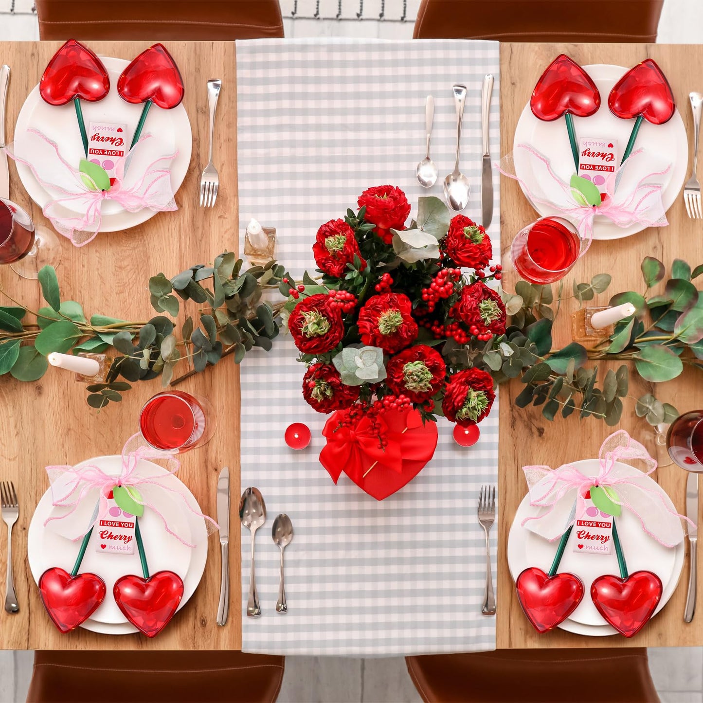 AceOrbit 12 Pcs Valentine's Day Cherry Plastic Heart Containers 4.7 Inch Red Cherry Shaped Filled Gift Candy Box with Cards Bow Valentine Hanging Ornament for Wedding Party Favor Exchange Supplies