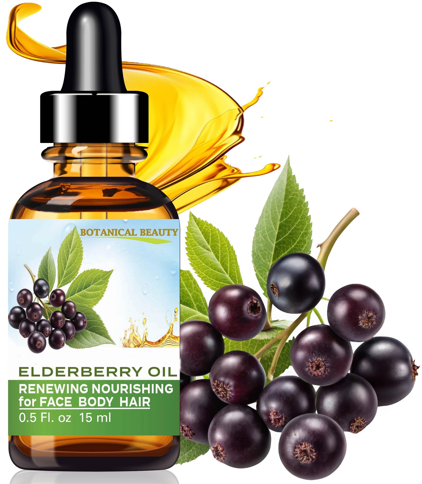 Botanical Beauty ELDERBERRY OIL Sambucus Nigra 100% Pure Natural Virgin Unrefined Cold Pressed Carrier Oil 0.5 Fl. Oz.- 15 ml for Face, Skin, Hair, Nails, Moisturizing. Rich in Vitamin E