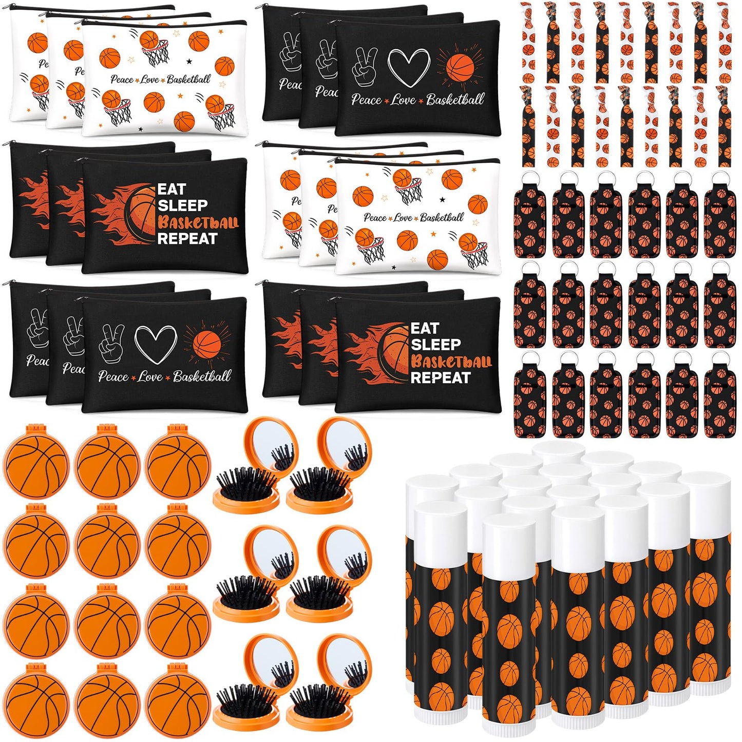Teecyhooo 90 Pcs Basketball Gifts Basketball Party Favors for Team Include 18 Cosmetic Bag 18 Folding Hair Brush with Mirror 18 Hair Scrunchies 18 Lip Balm 18 Lipstick Holder Keychain(Orange,Classic)