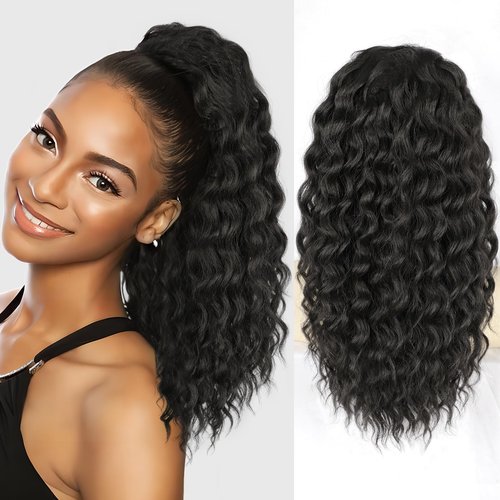 SHNMIN Ponytail Extension, Curly Drawstring Ponytail Extension for Women 18 Inch Curly Wavy Ponytail Yaki Textured Natural Fluffy Synthetic Hairpiece for Daily Use