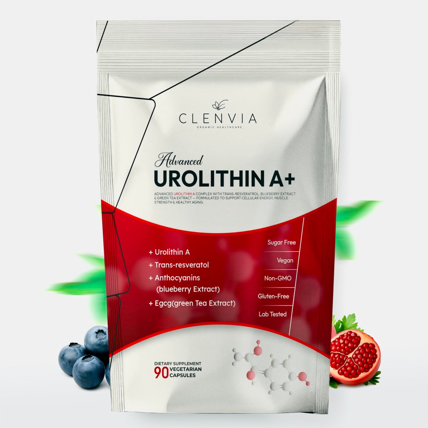 CLENVIA Longevity+ Urolithin A Supplement – Urolithin A+ with Trans-Resveratrol, Blueberry Extract & Green Tea EGCG – Cellular Energy, Muscle Strength & Healthy Aging – Vegan, Non-GMO, 90 Capsules