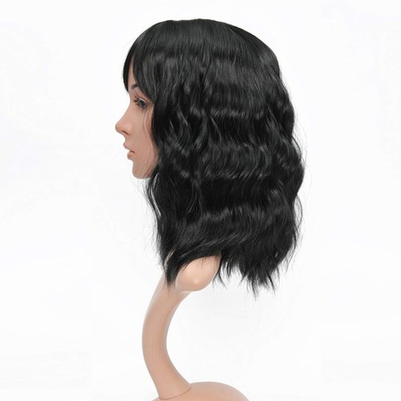VCKOVCKO Bob Wave Wig With Air Bangs Natural Black Natural Curly Wavy Short Bob Wigs Women's Shoulder Length Wigs Synthetic Cosplay for Girl Colorful Wigs，1B