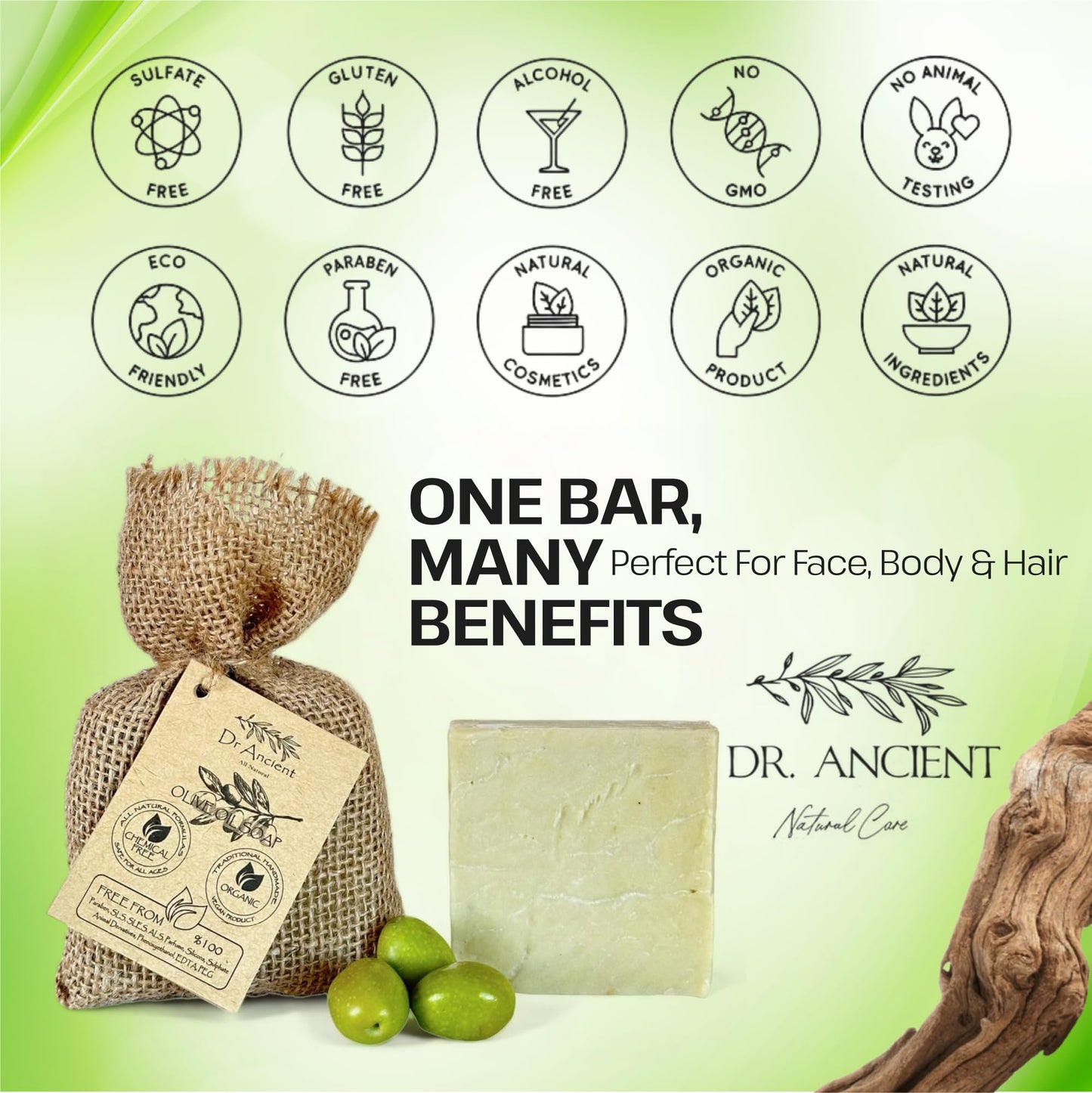 Dr.Ancient Olive Oil Soap Bar, Organic Soap Bars Handcrafted the Traditional Way, Natural Chemical-Free, Vegan, Used for Face Wash, Body Wash, Hand Cleansing and Skin Care, Gentle Cleanser