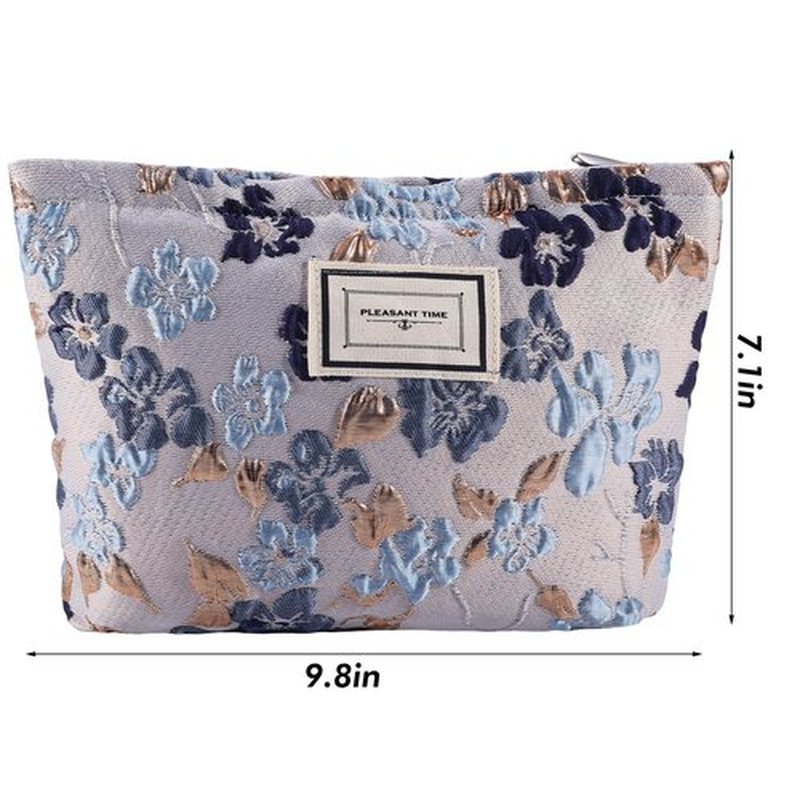 ZLFSRQ Flower Makeup Bag Travel Cute Floral Cosmetic Bags for Women Large Makeup Pouch Zipper Cosmetic Pouch for Purse Aesthetic Gray Blue Embossed Makeup Organizer Bag Portable Toiletry Bag