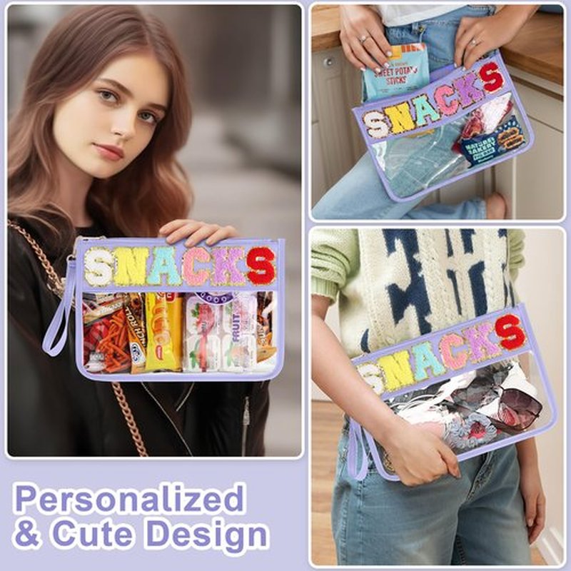 TESAFNG Snack Bag for Travel - Clear Chenille Varsity Letter Flat Pouch with Zipper, Waterproof Clear PVC&PU Preppy Patch Makeup Cosmetic tote Bags for Women Girls (Purple-Snacks)