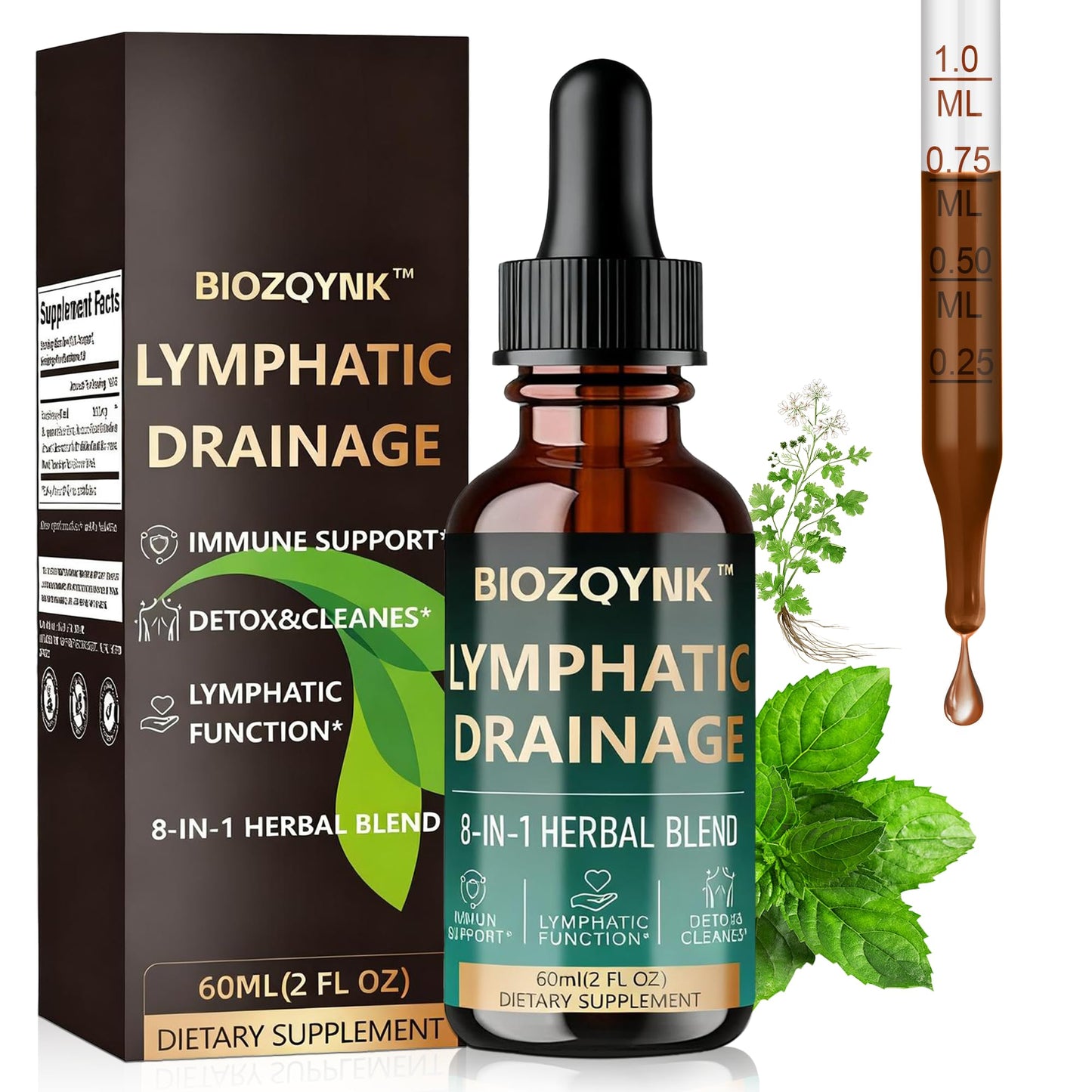 BIOZQYNK Lymphatic Drainage Liquid Drops – Herbal Extracts & Botanicals for Circulation, Immune & Detox Support – Alcohol-Free, Vegan (2 fl oz)