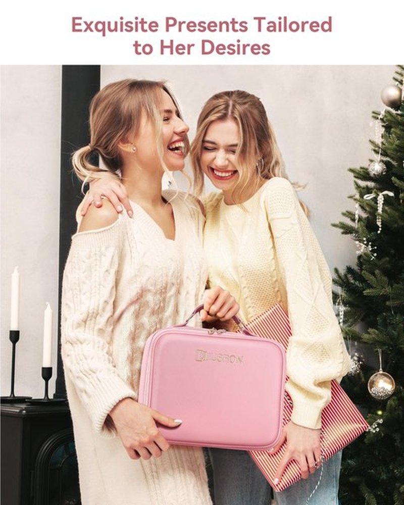 JUSRON Travel Makeup Bag With LED Mirror, Train Case with Light up Mirror, Portable Makeup Artist Organizer Bag with Adjustable Dividers, Makeup Brush Holder Storage (Pink, Large)