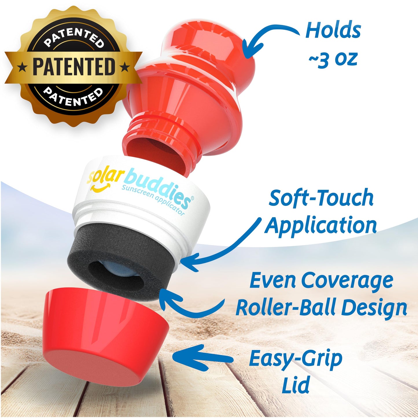 Solar Buddies Grab & Go Travel Bundle, Carabina Clip & Cleaning Brush - Single Full Red - Refillable Roll on Sponge Sunscreen, Suncream & Lotion Applicator For Kids, Adults & Families - Holds 100ml