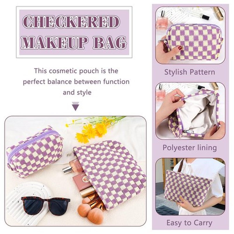 ZLFSRQ 2Pcs Checkered Makeup Bag for Women Large Cosmetic Bag Set Travel Toiletry Bag Makeup Pouch Bag for Purse Purple Zipper Storage Bag Organizer Cute Small Aesthetic Girls Car Essentials Bag