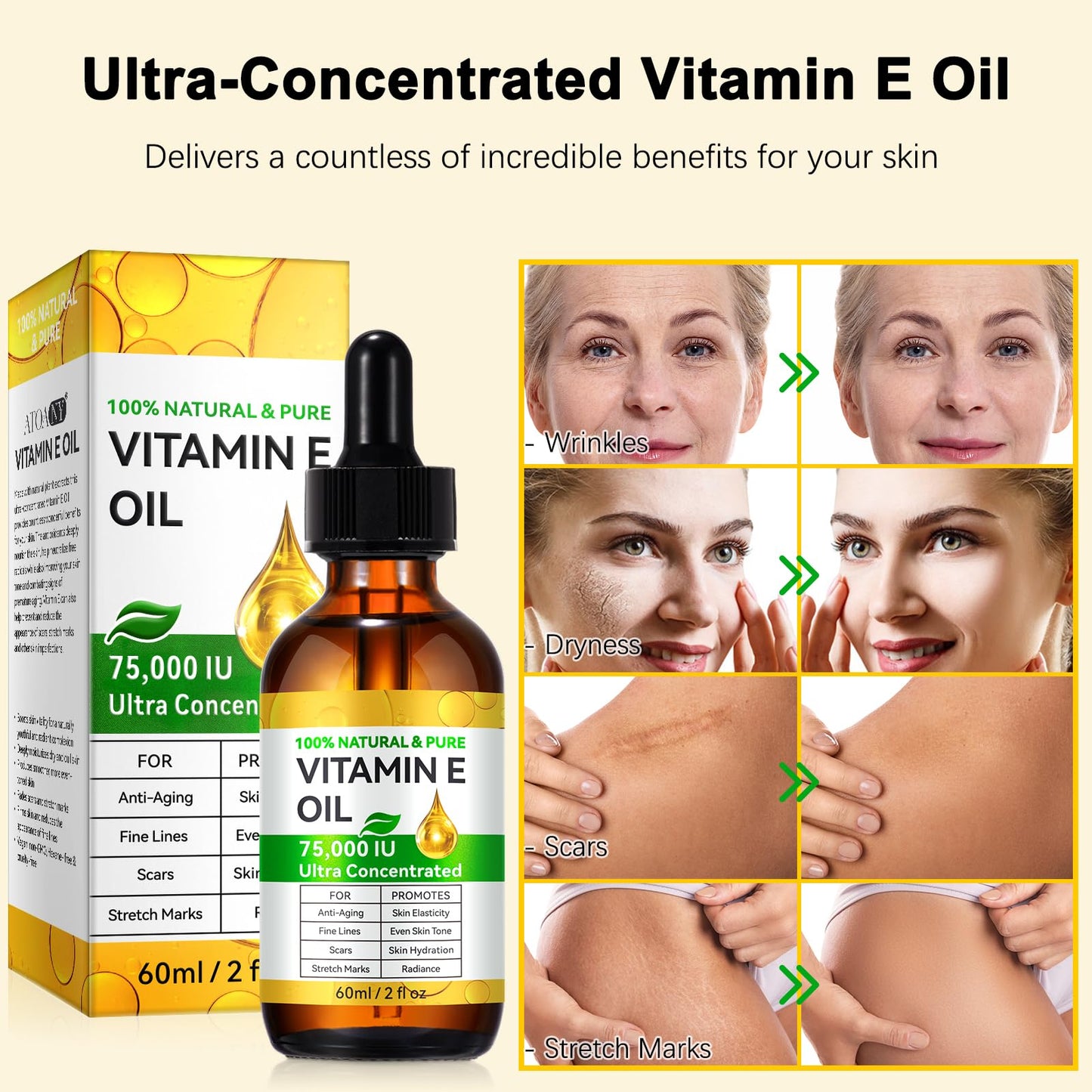 2PCS Vitamin E Oil for Skin Blend 75,000 IU, Natural Organic Vitamin E oil for Scars, Hair & Face (2 Fl Oz) - Non GMO, Cold Pressed, Cruelty Free Skin Repair & Moisturizing Solution, Easy to Absorbed