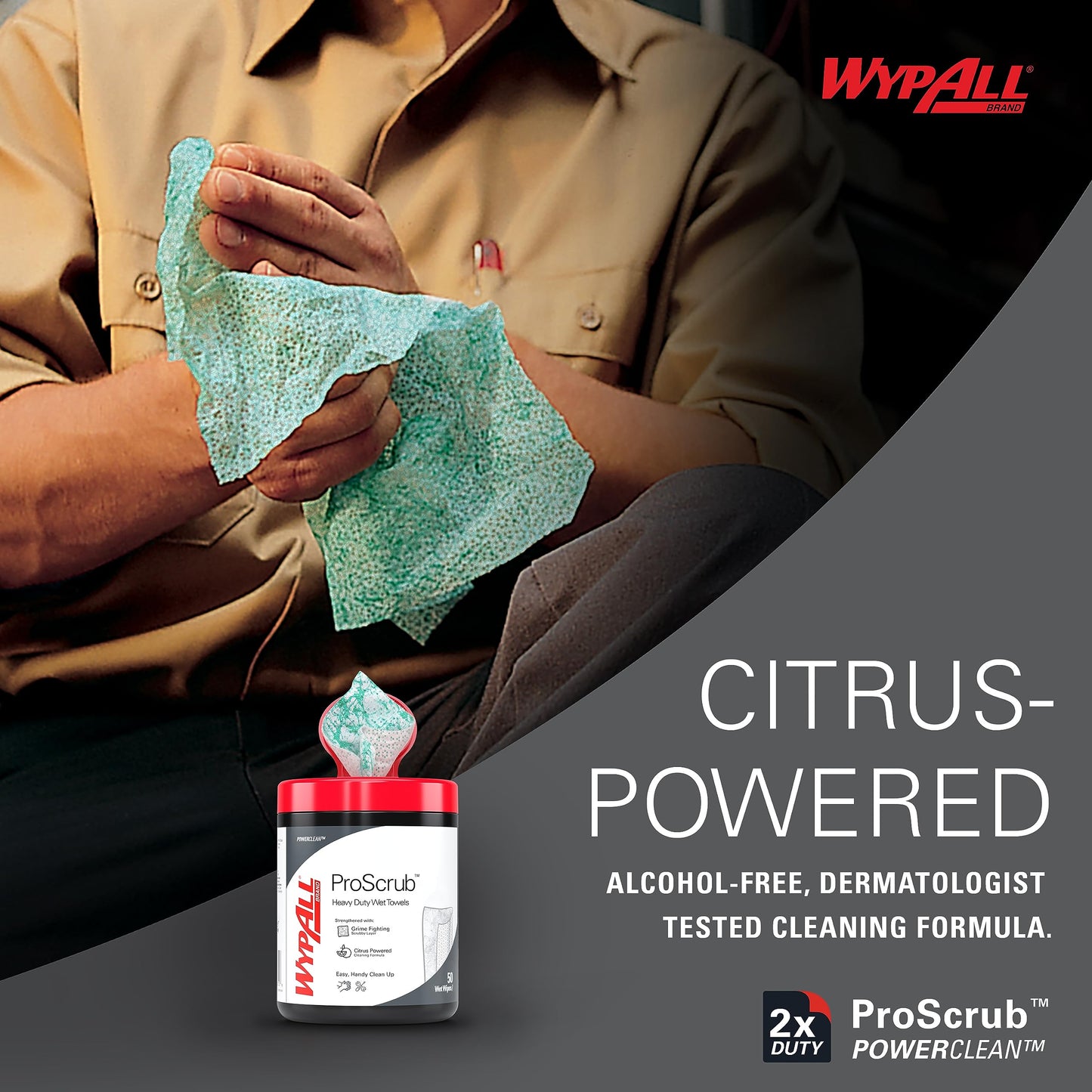 WypAll PowerClean ProScrub Heavy Duty Wet Towels (91371), Dual Action Cleaning, Large 9.5" x 12" Wipes, Bucket Included (6 Containers of 75 Sheets, 450 Sheet Total)