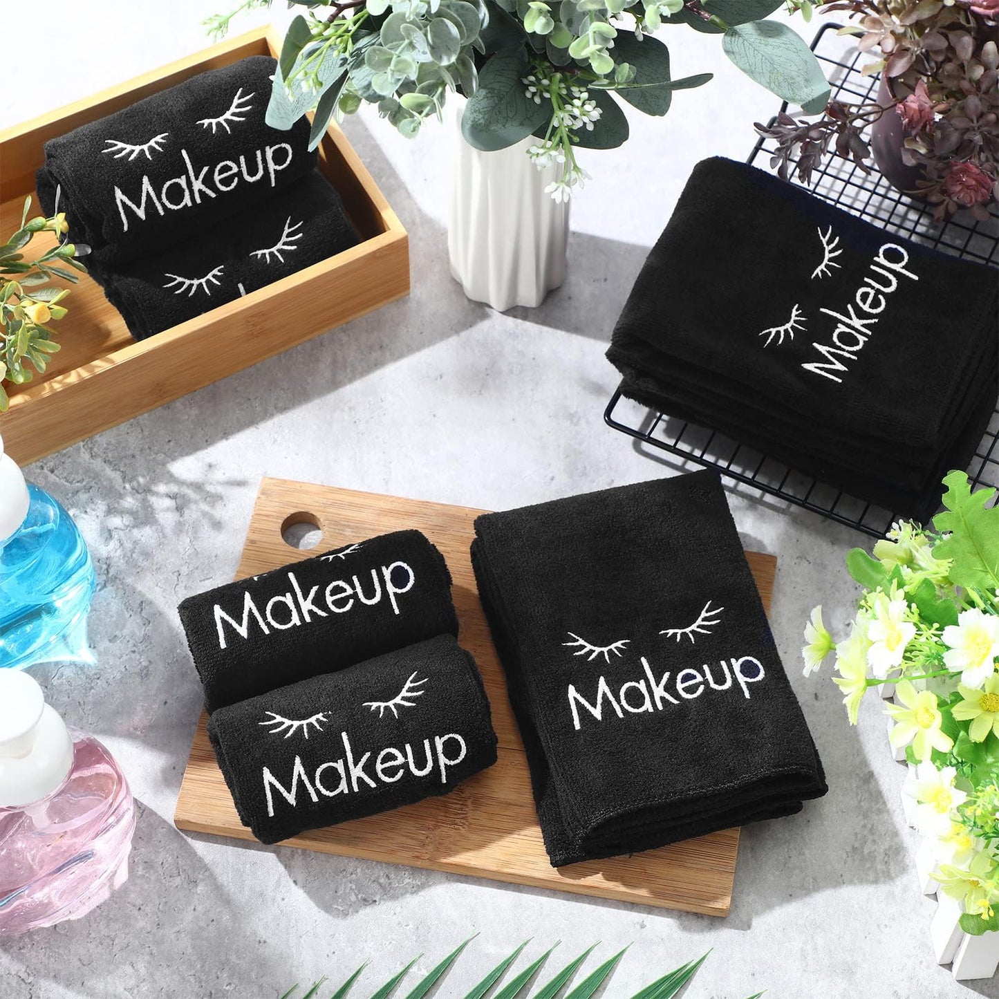 Vabean 50 Pcs Microfiber Black Makeup Washcloths for Face 13 x 13 Inches Makeup Remover Towels Reusable Absorbent Removers Face Wash Cloth with Embroidery for Women