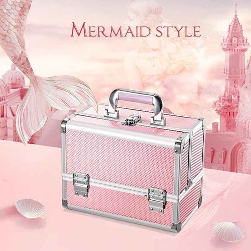 Joligrace Makeup Train Case Cosmetic Box 11.6 Inches Jewelry Organizer Professional 3 Tiers Trays with Mirror and Brush Holder Lockable Key Portable Travel Mermaid Pink
