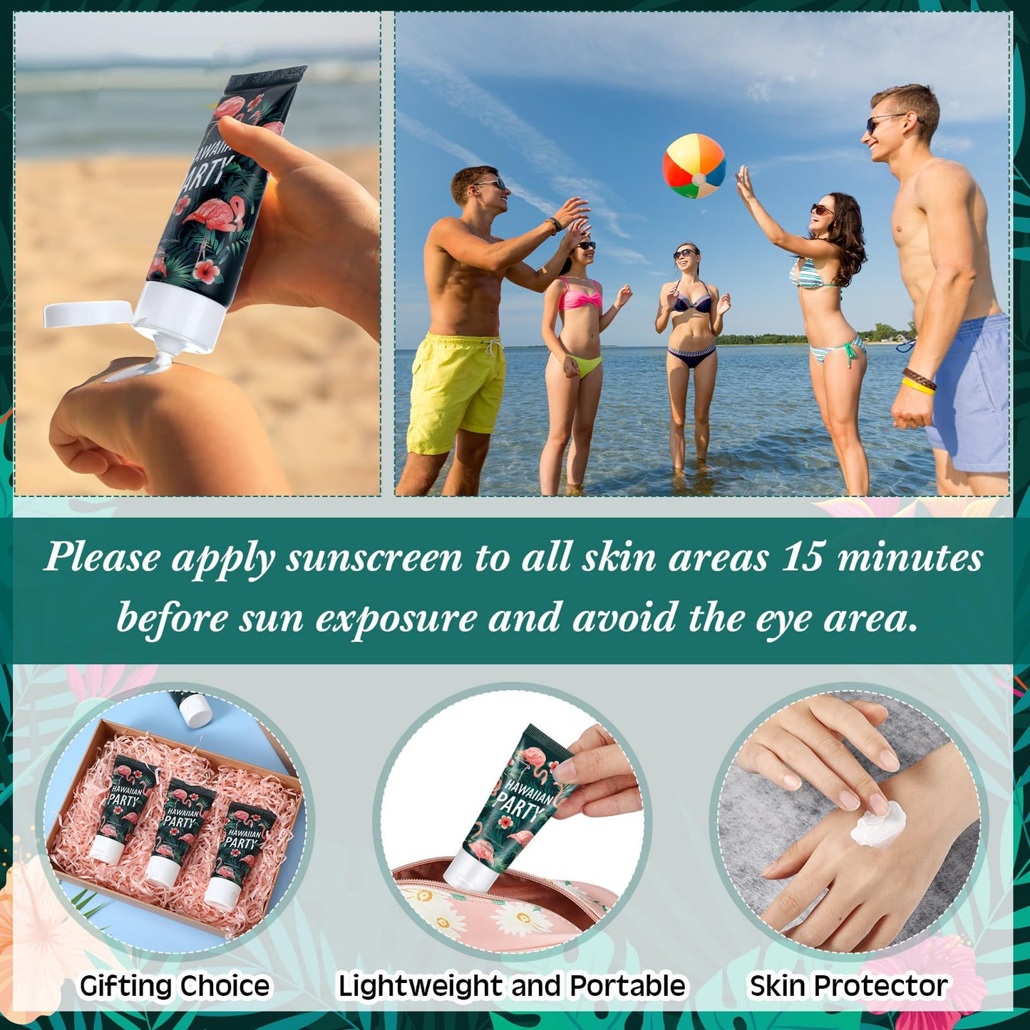 Dansib 12 Pcs Mini Sunscreen Bulk for Summer Party Wedding SPF 30 Water Resistant Sunscreen Lotion Bulk 1oz Travel Size for Thank You Gifts Wedding Supplies (Hawaiian Flamingo Party)