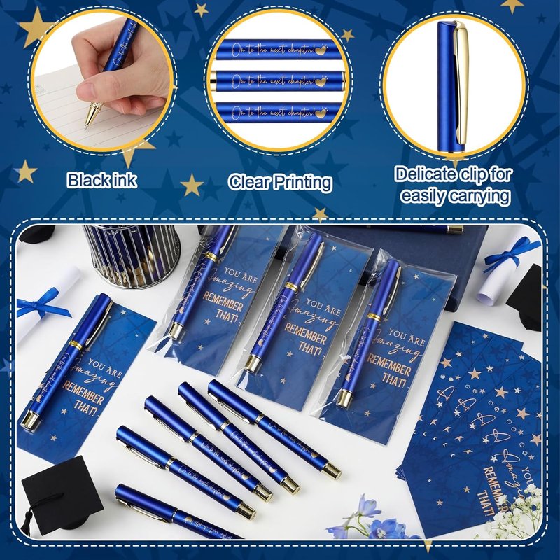 Graduation Pen Gift Set - 90 Pcs Class of 2026 Party Favors | 30 Ballpoint Pens, Inspirational Cards & Bags - Blue