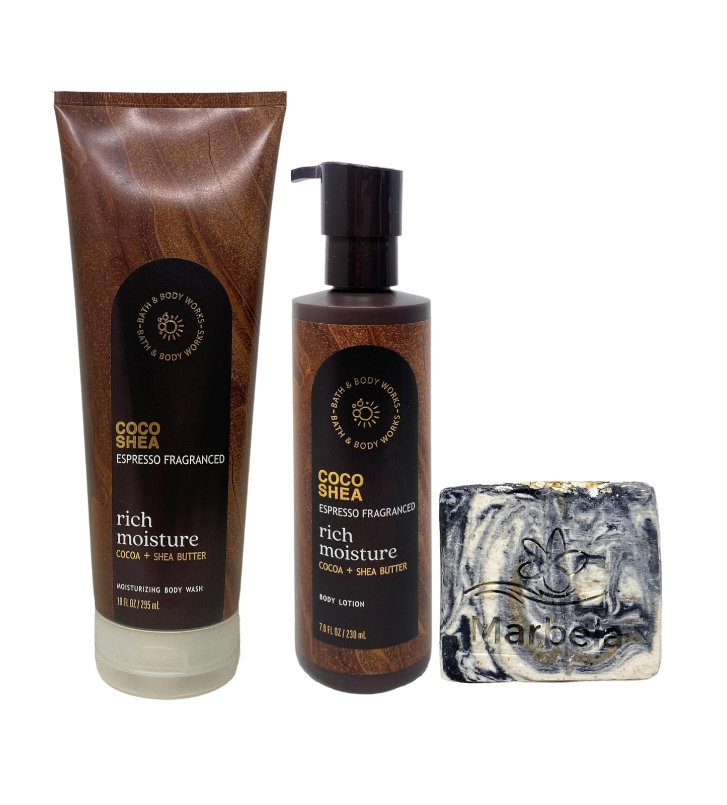 Bath & Body Works Coco Shea Espresso Fragranced Rich Moisture - Moisturizing Body Wash and Body Lotion - with a Charcoal Scrub Bar Soap