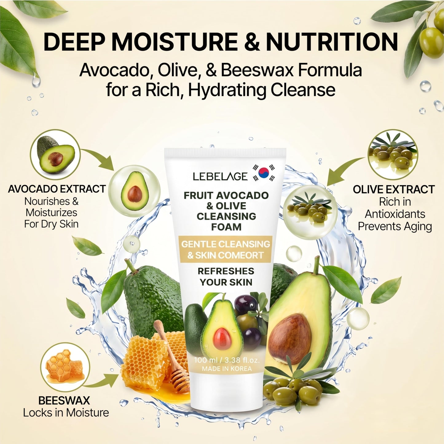 LEBELAGE Korean Avocado&Olive Facial Cleanser 3.38 oz | Cleansing Foam Face Wash | Low pH Gentle Hydrating Daily Facial Cleanser Sensitive Skin | Deep Cleansing Foaming Cleanser, Pore Care